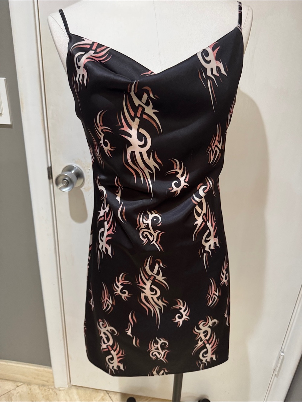 Sleeveless Black Slip Dress with Pink Tribal Print